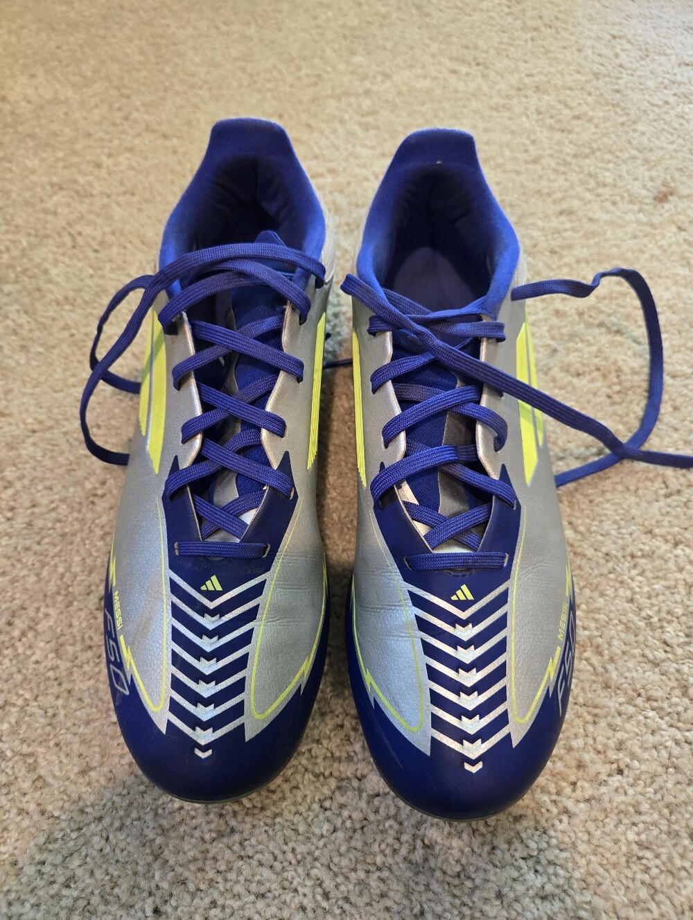 Adias Adults F50 League Messi  Silver Metallic/ yellow/blue Soccer Cleat